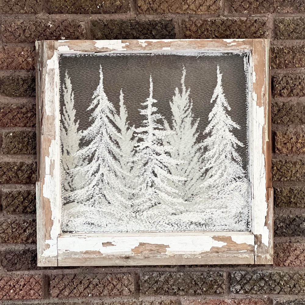 Antique Window with Landscape Painting White Trees Cottagecore Wall Decor